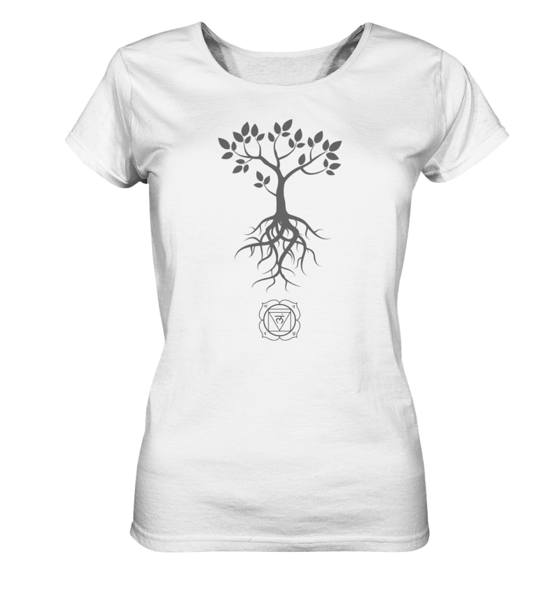 Baum Motiv und Root Chaktra Symbol auf einem Damen Top.