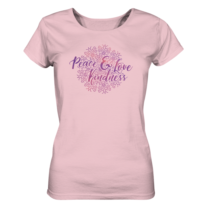 Peace Love and Kindness Mandala T-Shirt für Damen. Farbe Rosa