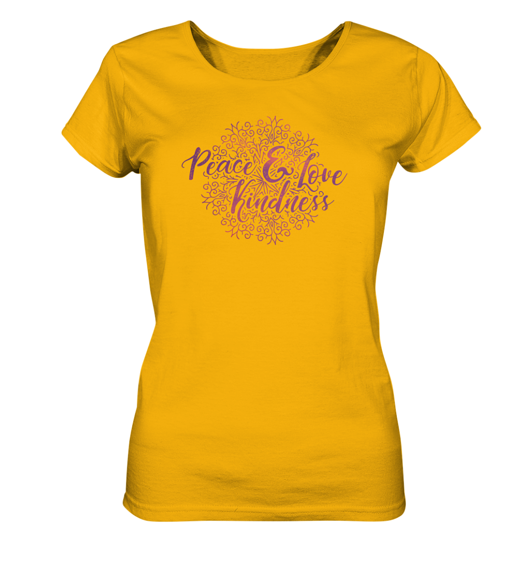 Peace Love and Kindness Mandala T-Shirt für Damen. Farbe gelb